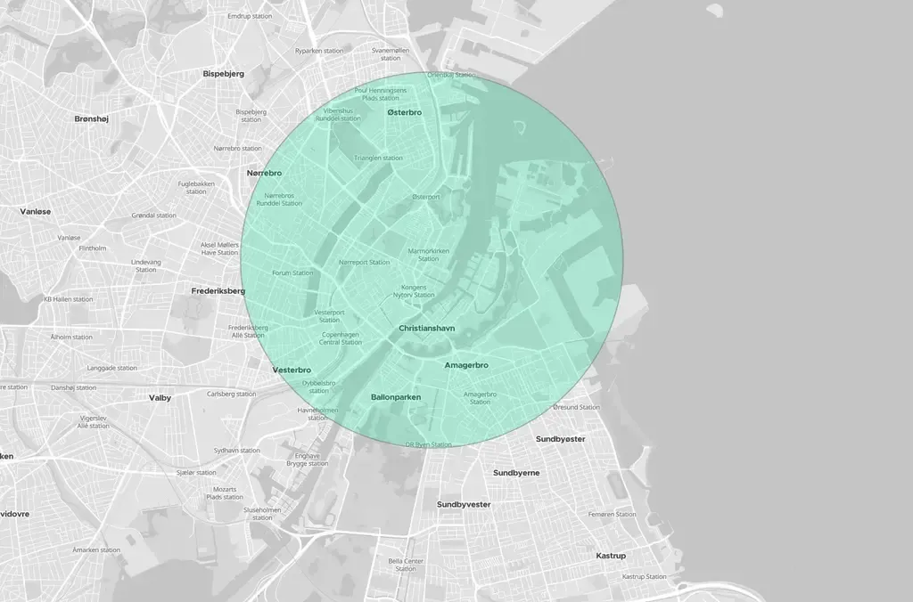 Airbnb management service areas in central Copenhagen including Indre By, Christianshavn, and Frederiksberg